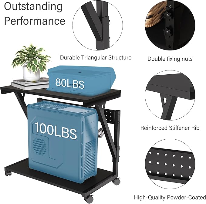 Computer Tower Cart - Height Adjustable PC Stand, 2-Tier ATX-Case CPU Holder Home Office Gaming Desk Accessories with Rolling Lockable Wheels, Laptop Table Standing Computer Desk, Rustic Black