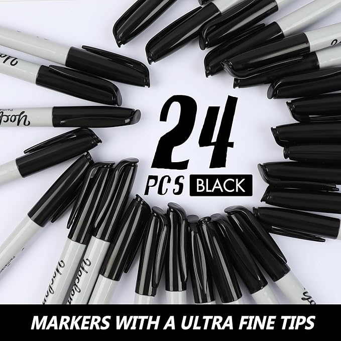 Ultra Fine Point Black Permanent Markers, 24 Pack Ultra Fine Point Black Permanent Marker set, Works on paper, Plastic, Stone, Glass, Metal