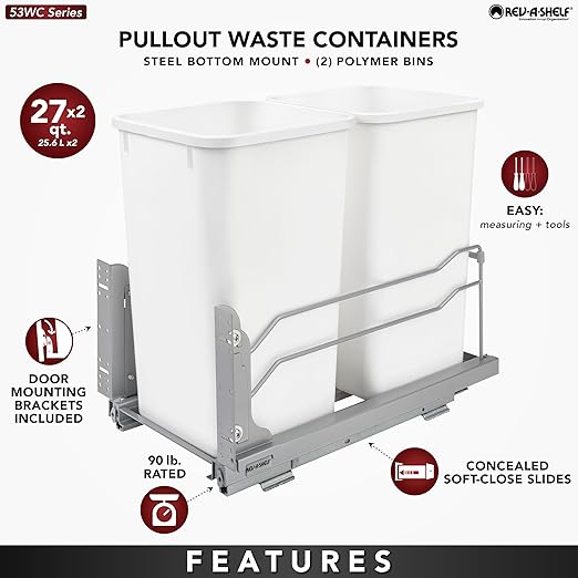 Rev-A-Shelf Double Pullout Trash Can for Base Kitchen Cabinets 27 Quart 12.5 Gallon with Soft-Close Slides, Metallic Silver, 53WC-1527SCDM-217