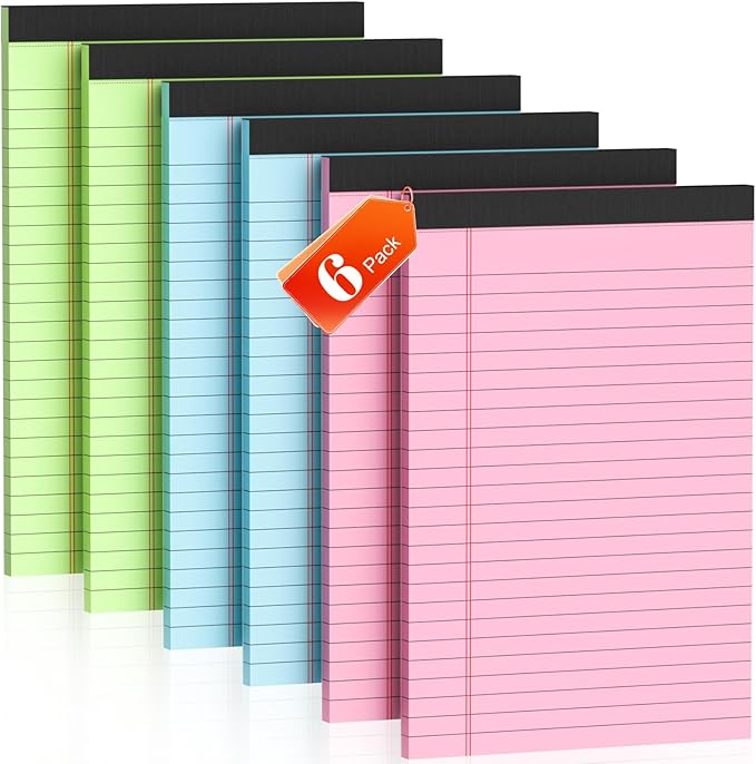 6 Pack Legal Pads 5x8 Note Pads College Ruled Notepad Pink/Green/Blue Perforated Small Legal Pads 80GSM Notepads 30 Sheets Writing Pads Line Paper Pad for School, College, Office, Business