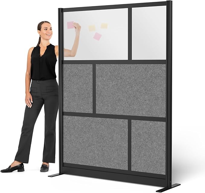 Stand Up Desk Store Expanse Modular Wall | 53'' x 70'' Wall | Expandable Partition Room Divider with Rearrangeable Frosted Acrylic & Sound Absorbent Panels (Black Frame)