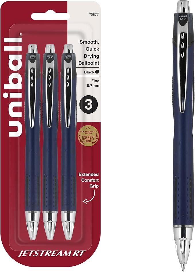 Uni-Ball Jetstream RT Pens - NY Times Wirecutter Best Pen for Over a Decade - Pack of 3 Black Fine Point Pens, 0.7mm - Back to School Pens, Ballpoint Pens