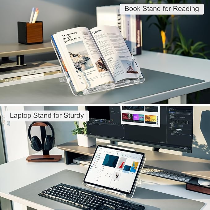 Acrylic Book Stand for Reading, UPERGO Portable Book Holder for Desk, Angle Adjustable Textbook Stand for Document Recipe, Cookbook, Music Book