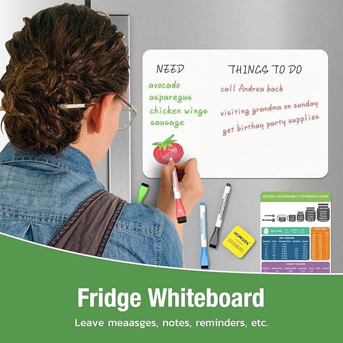 Magnetic Dry Erase Board: Small Fridge Whiteboard, Flexible Refrigerator Magnet White Board, Blank Writing Note Sheet with Kitchen Conversion Chart Magnet, 4 Markers & Eraser - 17 x 11