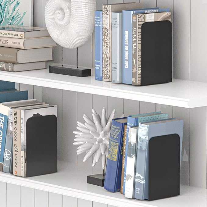 VFINE Bookends 1 Pair, Black Metal Book Ends, Bookends for Shelves, Book Stopper for Heavy Books, Book Dividers for Home Office School Supplies