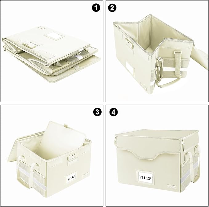 DocSafe File Box Fireproof Document Box with Lock, File Storage Organizer Box with Pockets,Collapsible Portable File Box Home Office File Cabinet with Handle for Hanging Letter/Legal Folder,Beige