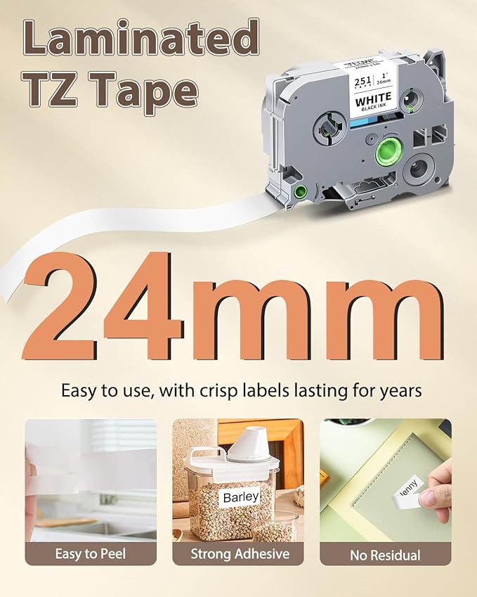 Replace for Brother TZe-251 24mm 0.94 Laminated White TZ Tape TZe251 PTouch Tape 1 Inch Work with Brother P Touch D600 E500 P700 P710BT P750W P910BT D410 PTD460BT D610BT Label Maker, 6-Pack