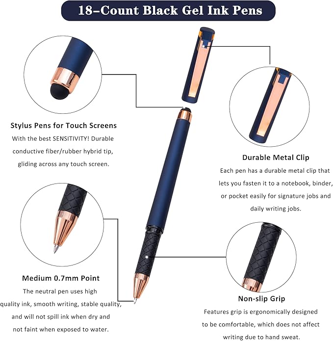 Linbsunne Black Gel Pens 0.7mm Medium Point Pen Office Pens 2-in-1 Stylus Pens for Touch Screens Gel Ink Rollerball Pens for Writing (18 Pack-blue)