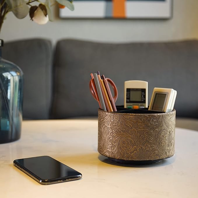lizimandu Round Leather Art Supply Organizer,Remote Control Holder,360 Degree Spinning,Multi-Functional Pencil Holder,4 Compartments Desktop Stationary Organizer(1-Gold)