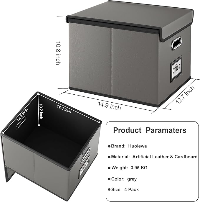Huolewa Portable Leather File Organizer Boxes with Lids, Office Document Boxes Organizer, Filing Boxes, Decorative Small File Boxes for Hanging Files with Plastic Slide for Office/Decor/Home