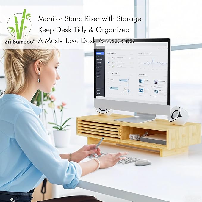 Zri Bamboo Computer Monitor Stand with Drawer, Dual Laptop Stand for Desk,Single Monitor Riser with Storage,Wood Office Desk Organizer & Accessories