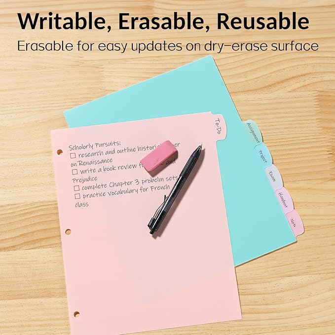 Sooez 8-Tab Durable Plastic Write & Erase Big Tab Dividers for 3 Ring Binder, Aesthetic Cute Pastel Binder Dividers for Student, Teacher, Office, Home Organizers, 6 Sets, Pastel