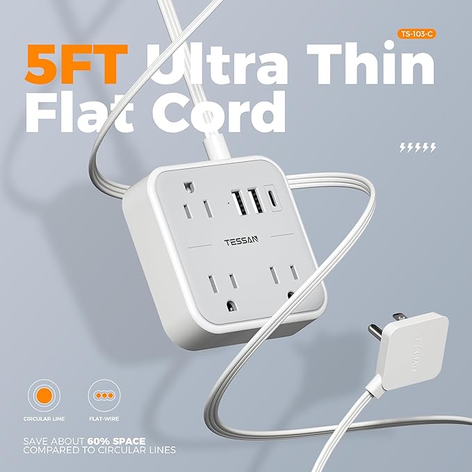 Ultra Thin Flat Extension Cord 5 FT, TESSAN Slim Power Strip with USB Ports (1 USB C), Surge Protector Flat Plug Wall Charger with 3 Outlets for Office, School, Dorm Room Essentials