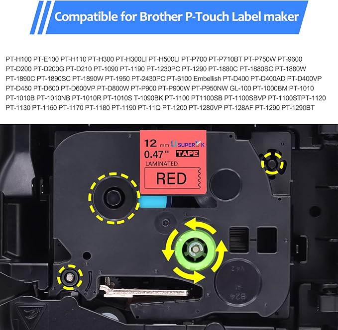 6PK Compatible for Brother P-Touch Label Maker Tape TZe-431 TZe TZ Label Tape TZ-431 TZe431 TZ431 12mm 0.47'' Laminated Black on Red Tape for PT-D210 D220 H110 D400