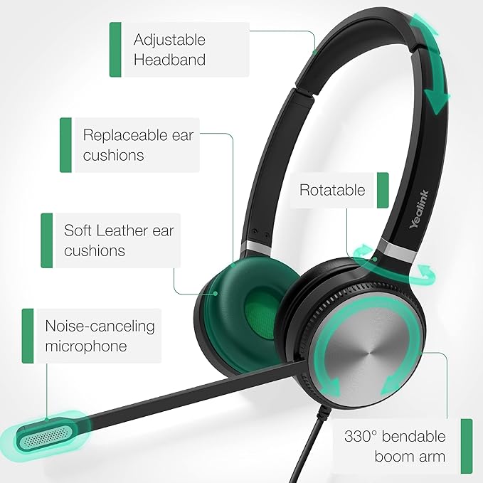 Yealink Phone Headsets for Office Phones YHS36 QD to RJ9 Wired Headset Compatible with Poly Snom Grandstream Phones Desk Landline VoIP Headset with Microphone -Dual/170g/2.1m Cable