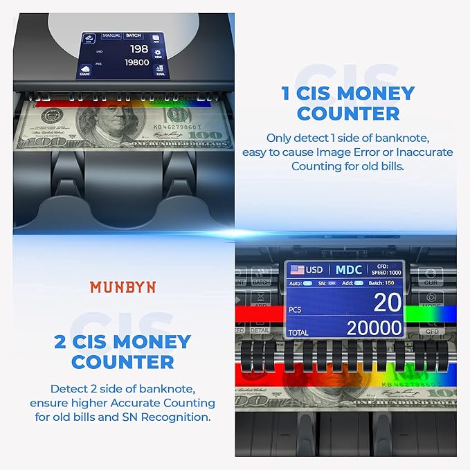 MUNBYN IMC01 Bank Grade Money Counter Machine Mixed Denomination, 2CIS/UV/IR/MG/MT Counterfeit Detection, Serial Number, MUL Currency Cash Counter, Printer Compatible Bill Value Counter (Black)