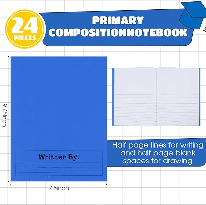 Henoyso 24 Pcs Primary Composition Notebook K-2 9 3/4 x 7 1/2 Inch Primary Journal, Back to School Supplies, Bulk Blank Writing Book for Kid to Write Draw Journal 60 Page Notebooks (Blue)