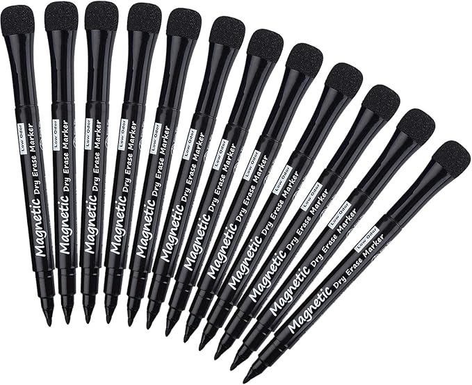 Magnetic Dry Erase Markers, (12 pk) Dealkits Low Odor White Board Markers with Erasers for Kids Teacher Supplies for Classroom Work on White Board, Calender, Fine Tip Point, Black