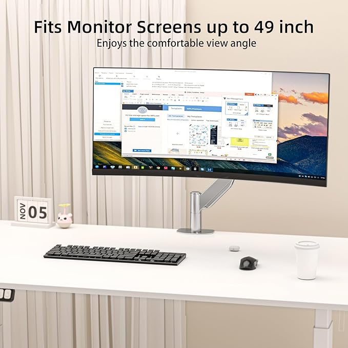 Suptek Ultrawide Monitor Arm Mount for 17 to 49 Inch Heavy Duty Curved Screen,Holds 46.2 lbs,Adjustable Gas Spring Monitor Arm Desk Mount Stand,75/100 Vesa Mount,Silver(MD71LS)