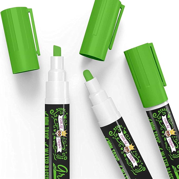 CHALKY CROWN Liquid Chalk Marker Pen - Dry Erase Marker - Chalk Markers for Chalkboard Signs, Windows, Blackboard, Glass - 6mm Reversible Tip (Green, 5 Pack)