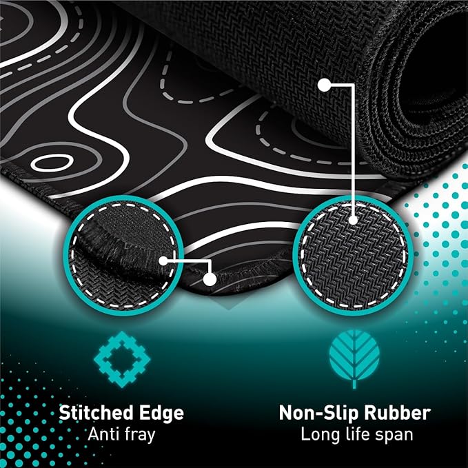 Minimalist Topographic Map Mouse Pad - Contour Extended Large Stitch Edge Mousepad. Black & White Non-Slip XL Gaming Desk Mat