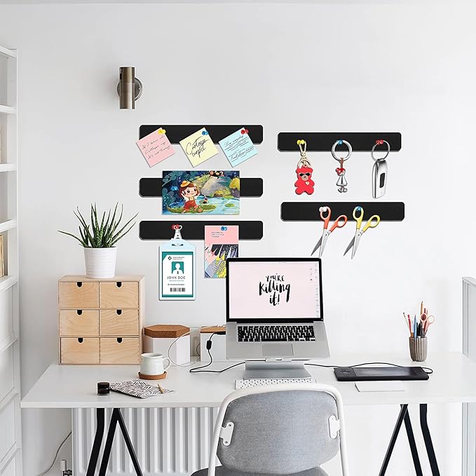 5 Pack Felt Pin Board Bar Strips Bulletin Board for Bedrooms Offices Home Wall Decoration, Notice Board Self Adhesive Cork Board with 35 Push Pins for Paste Notes, Photos, Schedules (Black)