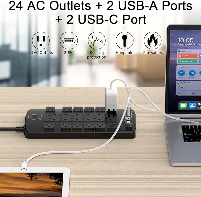 QINLIANF Surge Protector Power Strip - 15Ft Flat Plug Heavy Duty Extension Cord with 24 Outlets and 4 USB Ports(1 USB-C Ports), 1875W/15A, 4100J, for Home, Office, Dorm, ETL Listed, Black