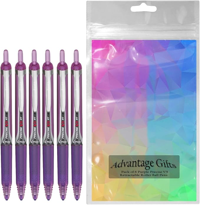 Precise V5 RT Retractable Rolling Ball Pens, Extra Fine Point (.5mm), Purple Ink, 6-pk; Premium Comfort Grip, Bundle with Plastic Reusable Pouch