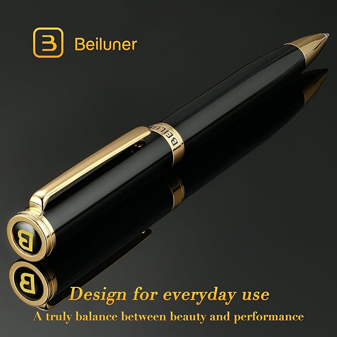BEILUNER Luxury Gel Pen with 24K Gold Finish, Black Piano Lacquer, Luxury Grade Craftsmanship, Best Pen Gift Set for Men and Women, Professional, Executive, Office, Retractable Nice Pens