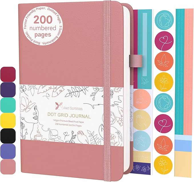 Bullet Dotted Journal – 140gsm Bleed Proof Thick White Paper – 200 Numbered Dot Grid Pages – 5.8 x 8.3 inch Dotted Notebook by Vivid Scribbles