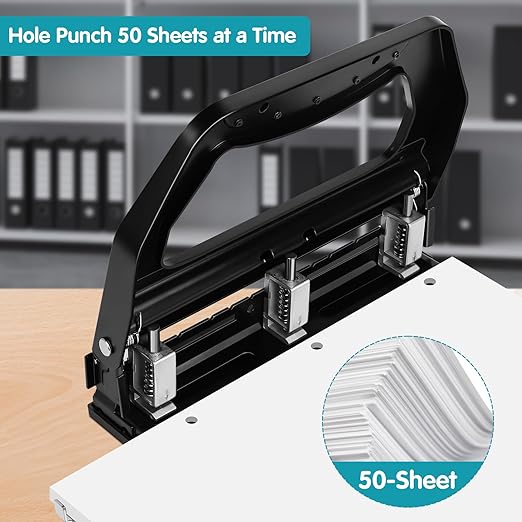 AFMAT Heavy Duty 3 Hole Punch, 50-Sheet, 50% Reduced Effort, Adjustable Two & Three Hole Punch, Metal Paper Puncher w/Large Chip Tray, Metal Paper Guide, Black