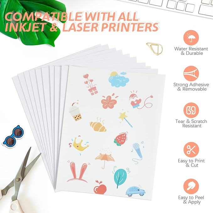 HTVRONT Printable Vinyl Sticker Paper - 8.5"x11" Glossy White printable vinyl for inkjet printer 25Pcs - 100 g Dries Quickly and Holds Ink Beautifully