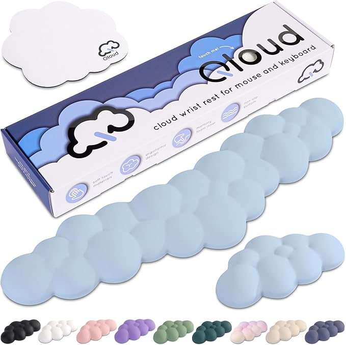 Qloud Cloud Wrist Rest Keyboard Wrist Rest for Computer Keyboard Pad, Cloud Keyboard Wrist Rest, Wrist Pad for Keyboard, Memory Foam, Non Slip Base, Comes with Mouse Pad - Light Blue
