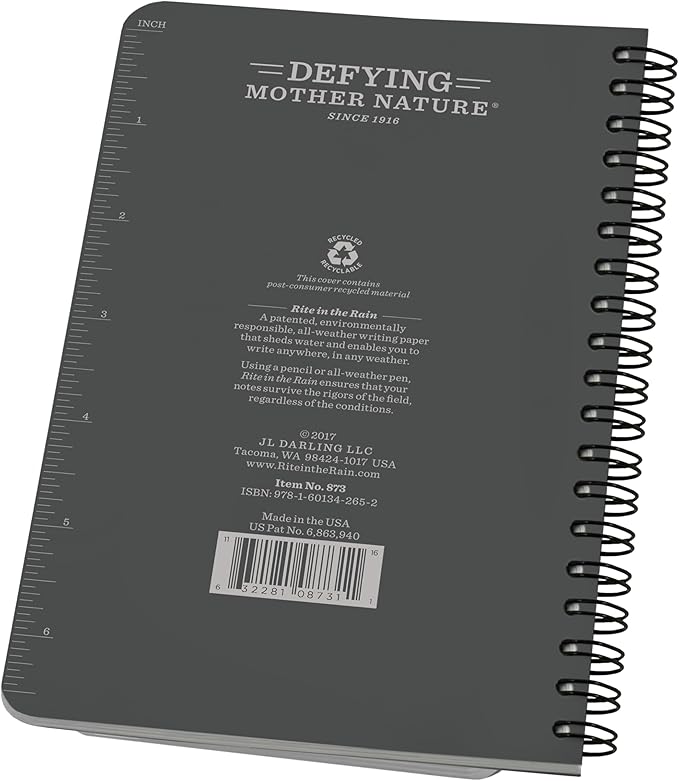 Rite in the Rain Weatherproof Side Spiral Notebook, 4.625" x 7", Gray Cover, Universal Pattern, 3 Pack (No. 873L3)