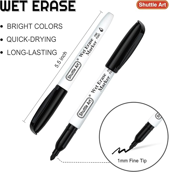 Shuttle Art Wet Erase Markers, 15 Pack Black 1mm Fine Tip Smudge-Free Markers, Use on Laminated Calendars,Overhead Projectors,Schedules,Whiteboards,Transparencies,Glass,Wipe with Water