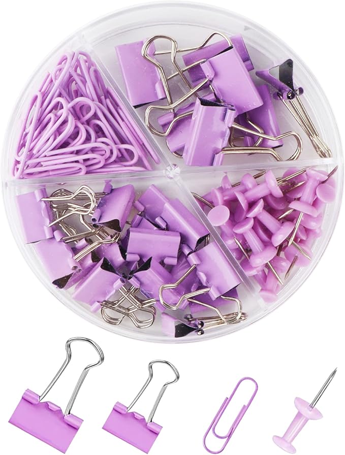 Purple Binder Clips and Paper Clips Push Pins Tacks Sets, Total 72 PCS Assorted Sizes Office Supplies Set for Women, Student, School, Home & Desk Supplies