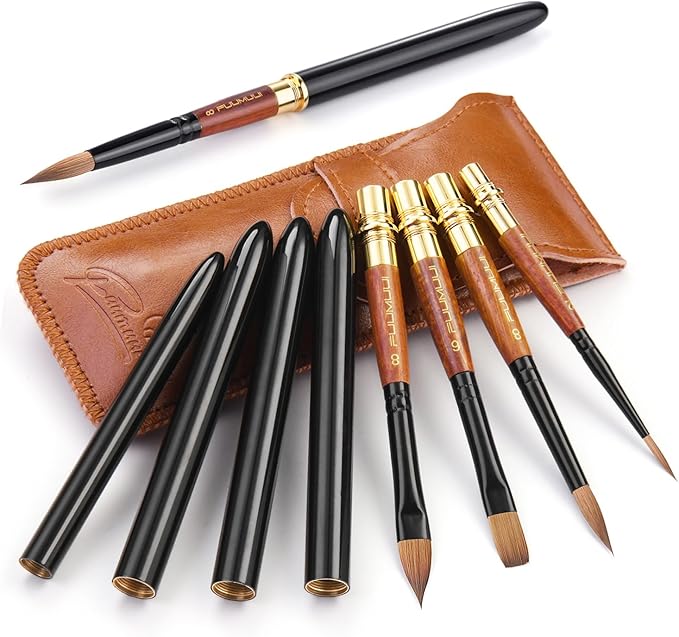 Sable Travel Watercolor Brushes, Fuumuui 4pcs Elegant Kolinsky Sable Watercolor Travel Brushes Travel Watercolor Kit with Leather Pouch Perfect for Watercolor Gouache Ink Painting