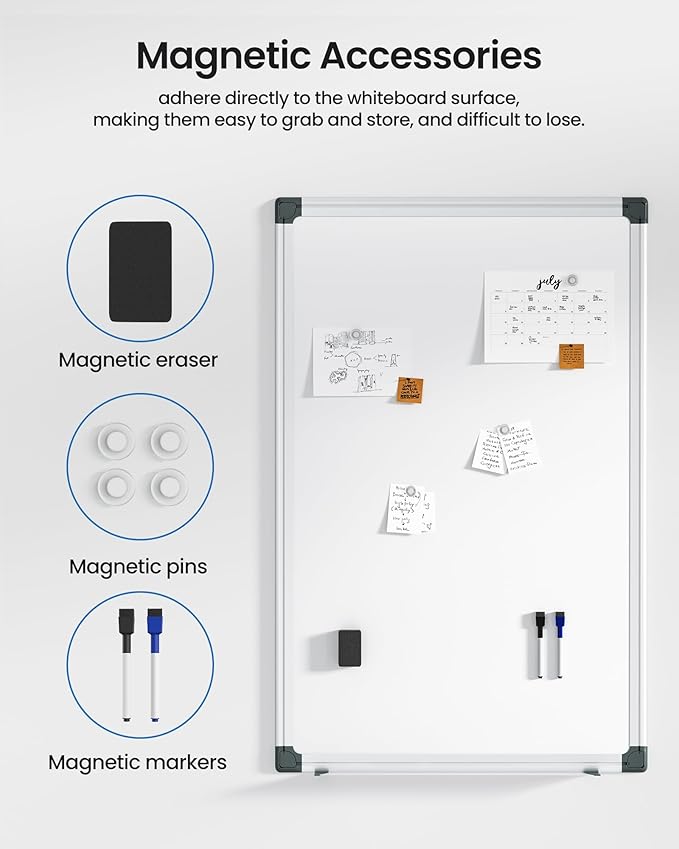 VUSIGN 2PCS Magnetic White Board Kit for Wall 36" x 24", 2 Dry Eraser & 4 Multicolor Markers & 8 Magnetic Pins, Sliver Reinforced Aluminum Frame for Home, School, Office