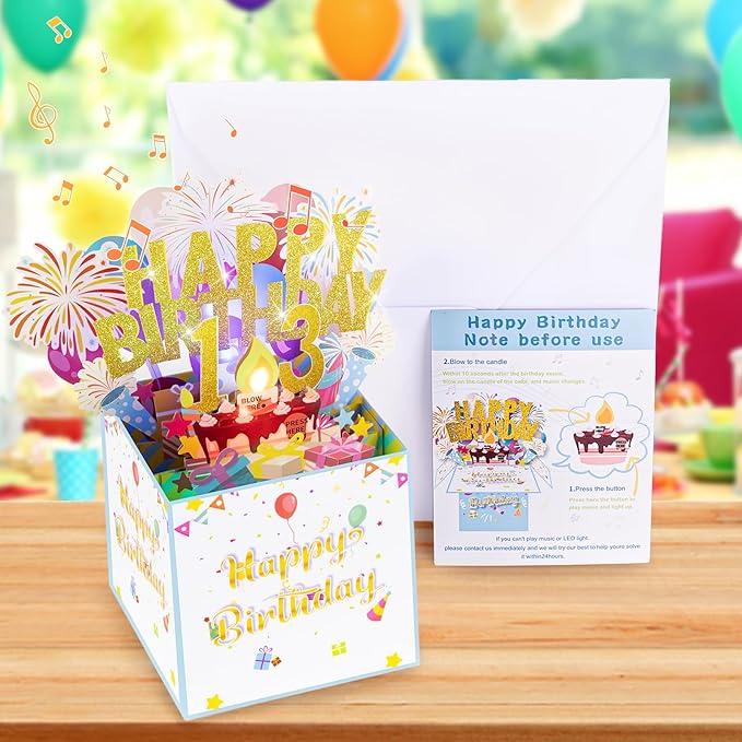 Tnvee 13TH Birthday Cards with Lights & Music & Candle, 3D Pop Up Singing Happy Birthday Greeting Cards Gfits for 13 Years Old Girl Boy Son Daughter