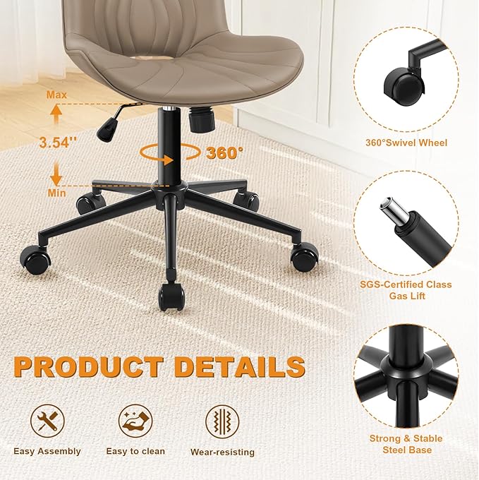 Office Chair, Armless Desk Chair with Wheels, Ergonomic Comfy Home Office Computer Task Chairs,Faux Leather Padded Cute Vanity Chair, Adjustable Height Swivel Chair with Back, Khaki