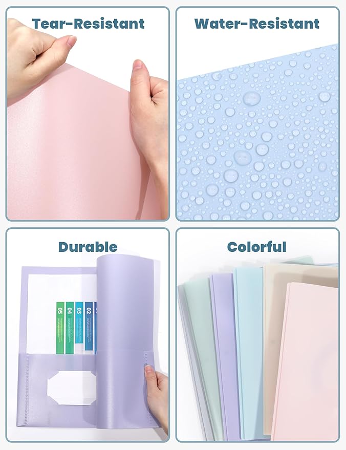 SUNEE 3-Prong Plastic Folders with Pockets (6 Pack, Pastel Colors) 2 Pocket Folders with Fasteners, Tear-Resistant Plastic Pockets, and Fit Letter Size Paper, Use for School Office Home Business