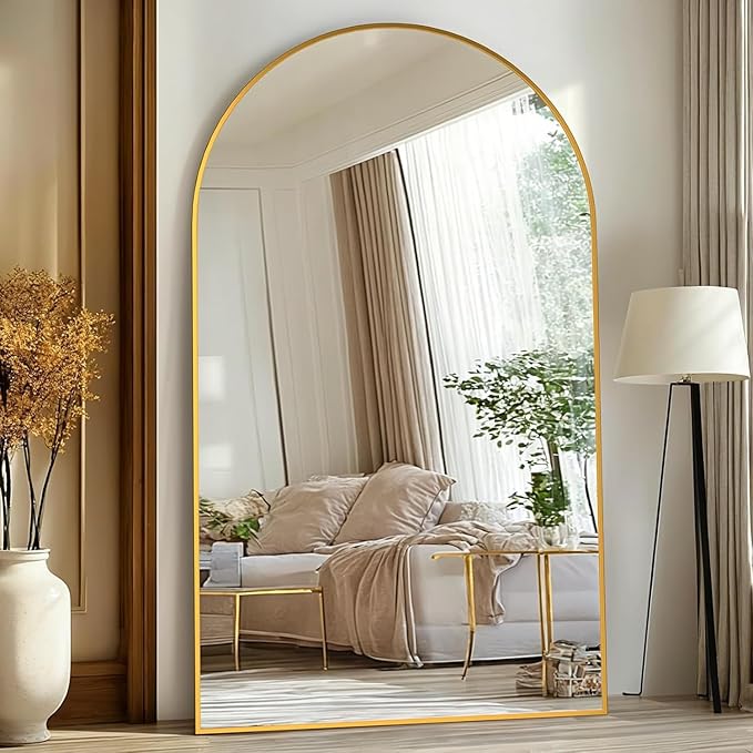 Full Length Mirror, 91"x46" Oversized Floor Mirror Freestanding, Full Body Floor Standing Mirrors with Stand, Hanging Mounted for Bedroom Living Room, Gold, Arched Style