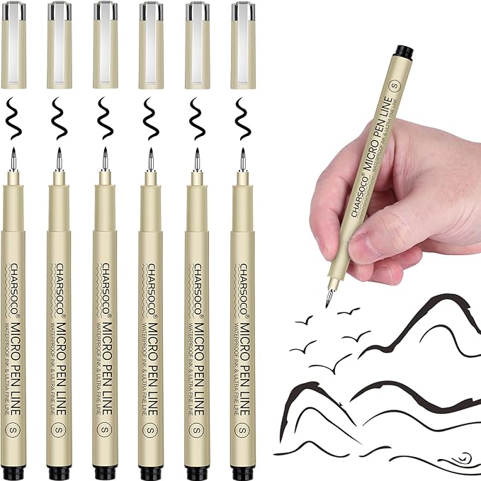 S Micro Pen, 6 Pack Black Fine Point Pen with Waterproof Archival Ink, 2mm Fineliner Ink Pens for Artist Illustration, Sketching, Anime, Manga, Technical Drawing and Scrapbooking