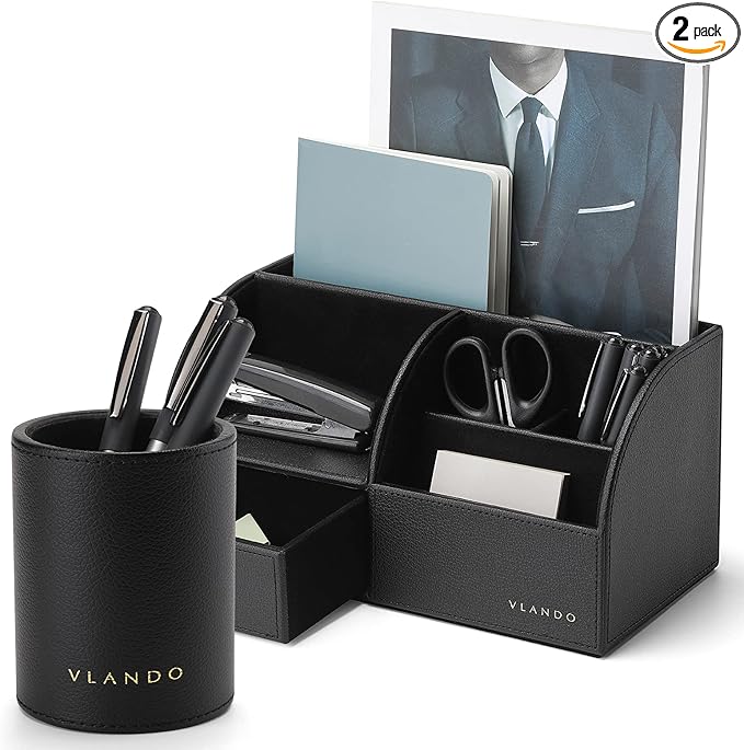 Vlando Office Supplies Desk Organizer Caddy,Back to School Supplies for Desk Caddy, Desktop Hanging File Letter Document Storage Holder with Drawer Organizer Section for Office Home 2 Pack Black