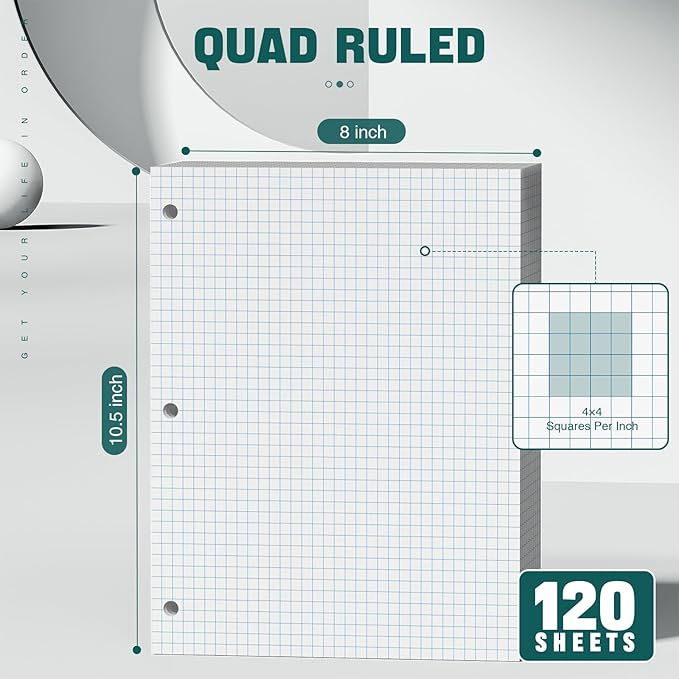 Loose Leaf Graph paper 8 x 10.5, Graph Ruled Paper, 3 Hole Punched Paper, 4 x 4 Quad Ruled Graph Paper, 10-1/2" x 8" Filler Paper Notebook Paper, 120 Sheets Graphing Paper for Business Home School