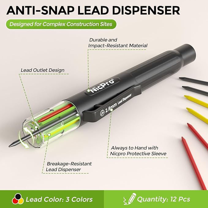 Nicpro 12 Pcs Carpenter Pencil 2.8mm Lead Refills, Replacement Lead Dispenser (including 4x Black, Red, Yellow), Break Resistant 2.8 mm Leads for Construction Pencils, Woodworking Pencils