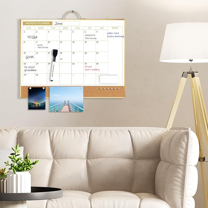 ARCOBIS Dry Erase Calendar with Cork Board for Wall, 12"x16" Magnetic Monthly Calendar Whiteboard with Gold Frame, Double-Sided Planner & White Board for Home, Office, School