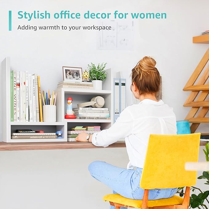 Desktop File Organizer Desk Organizer Shelf - White Office Organization Shelves for Top of Desk Organizers and Accessories Corner Bookshelf Table Top Shelving Small Hutch Decorations for Women Office