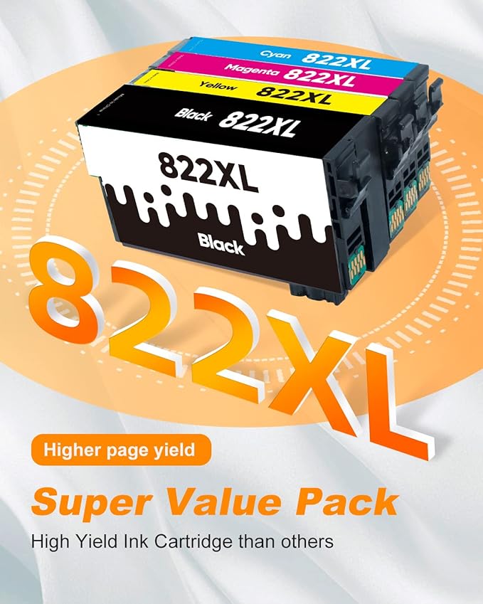 822XL Ink Cartridges Remanufactured Replacement for Epson 822XL Ink Cartridges for Epson 822 822 XL T822 for Epson WF-3820 Printer Workforce Pro WF-4820 WF-4830 WF-4833 WF-3823 Printer（5 Pack, 822XL）