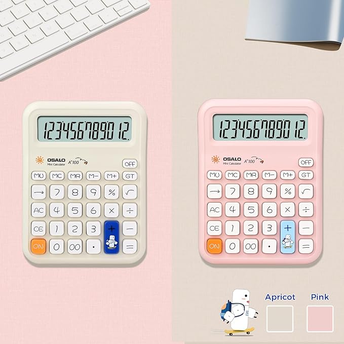 Pendancy Pink Calculator for Kids, Cute Small Calculators Desktop 12 Digit, Basic Function Large LCD Display Big Buttons, for Office, School, Home Use OS-A100 (Pink)